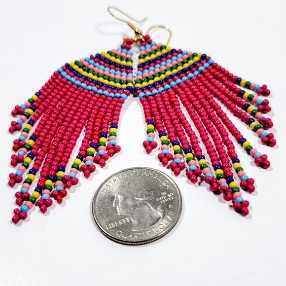 Handmade Fuchsia Pink Tribal Seed Bead Fringe Earrings - Picture 2 of 5